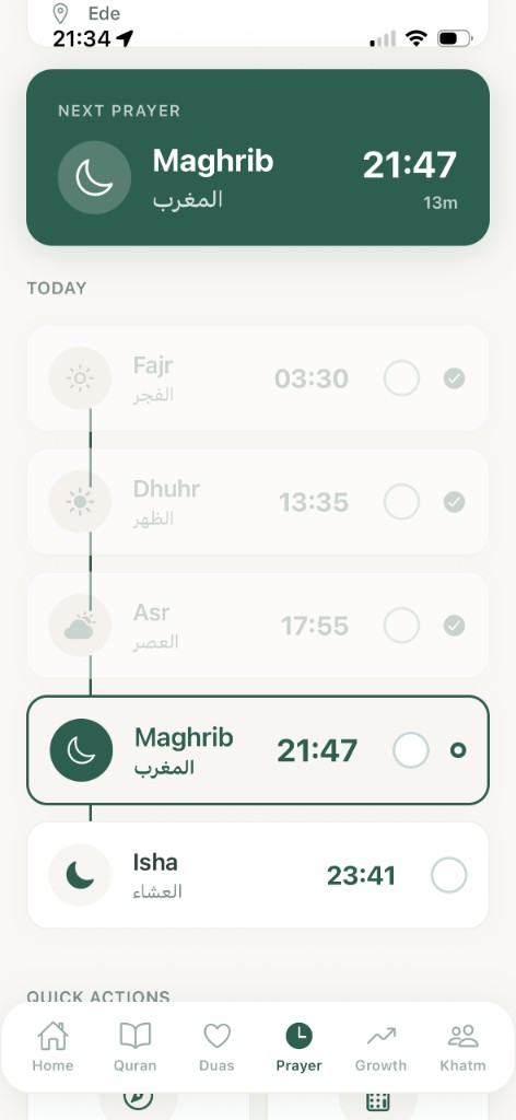 Prayer times screen with daily prayer tracking